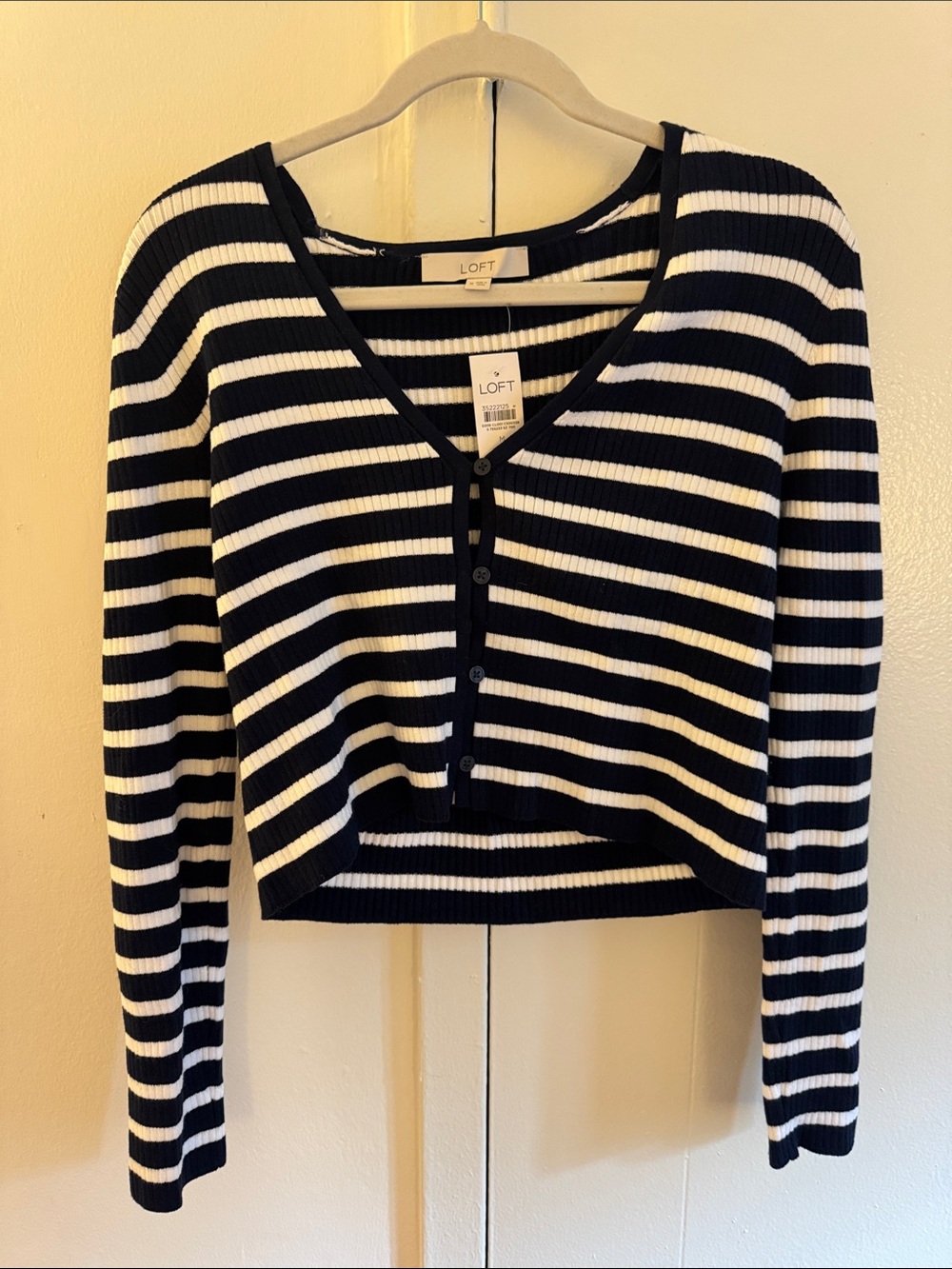 LOFT Black & White Striped Ribbed Button-Front Cropped Top